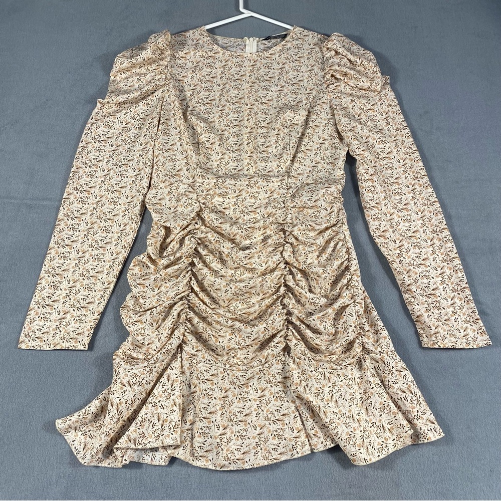 Women’s Tan Gold Ruched Ruffled Long Sleeve Dress, size L, zipper back